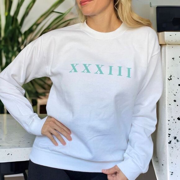 DEBT FREE est. 33 CE” Roman Numerals crewneck sweatshirt - Picture 1 of 5